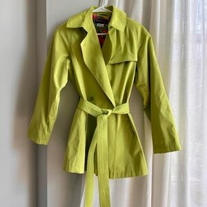 Vintage 90s Panache Lime Green Chartreuse Belted Trench Coat Jacket, S